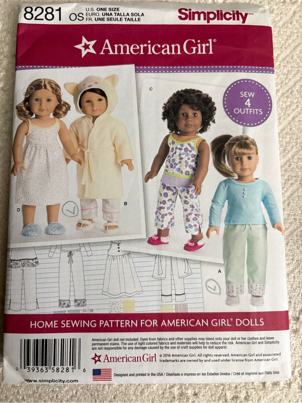 Simplicity American Girl Pattern 8281 for 18” Doll Clothes
